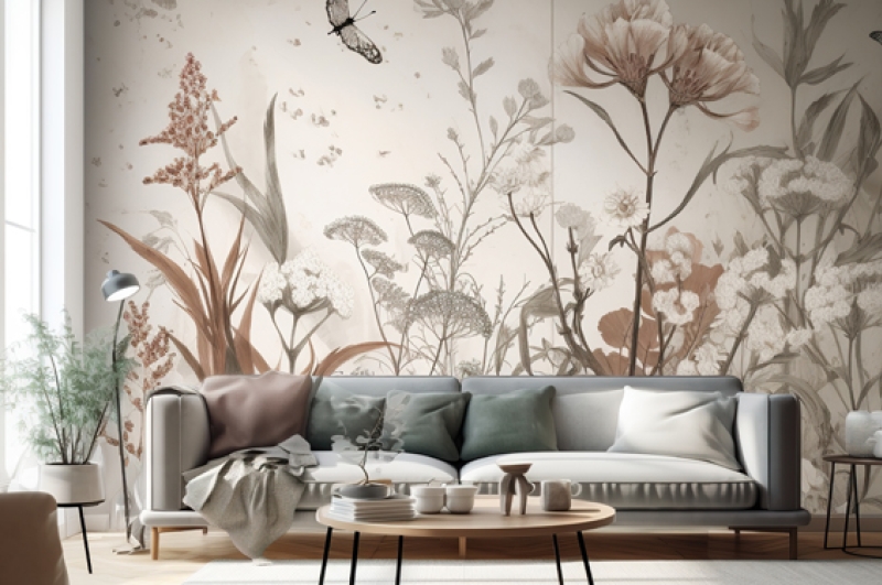 Dekorative Wandgestaltung, hier blumige Tapete